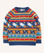 Frugi fowey Fairisle orghanic cotton knitted jumper with a space design featuring rockets, planets and stars. 