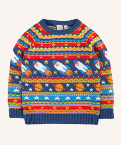 Frugi fowey Fairisle orghanic cotton knitted jumper with a space design featuring rockets, planets and stars. 