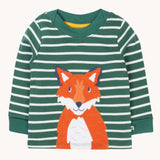 Frugi easy on long sleeved top holly green breton stripe with fox applique.