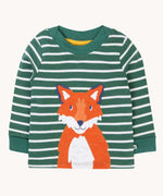 Frugi easy on long sleeved top holly green breton stripe with fox applique.