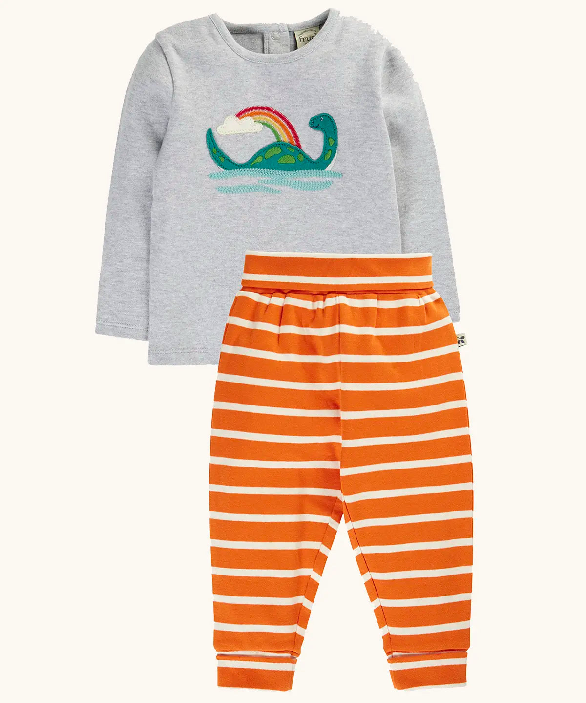 Frugi frankie organic cotton baby and toddler outfit with Nessie design. Long sleeved grey marl top with loch ness monster and rainbow applique with wide orange stripe trousers. 