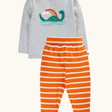 Frugi frankie organic cotton baby and toddler outfit with Nessie design. Long sleeved grey marl top with loch ness monster and rainbow applique with wide orange stripe trousers. 