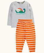 Frugi frankie organic cotton baby and toddler outfit with Nessie design. Long sleeved grey marl top with loch ness monster and rainbow applique with wide orange stripe trousers. 