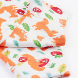 A close up of the patterned trousers from the Frugi Frankie Outfit with a bumblebee yellow stripe and squirrel friends design. 