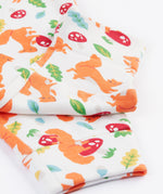 A close up of the patterned trousers from the Frugi Frankie Outfit with a bumblebee yellow stripe and squirrel friends design. 