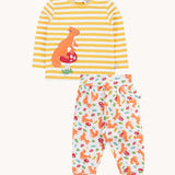 Frugi Frankie Outfit with a bumblebee yellow stripe and squirrel friends design. 