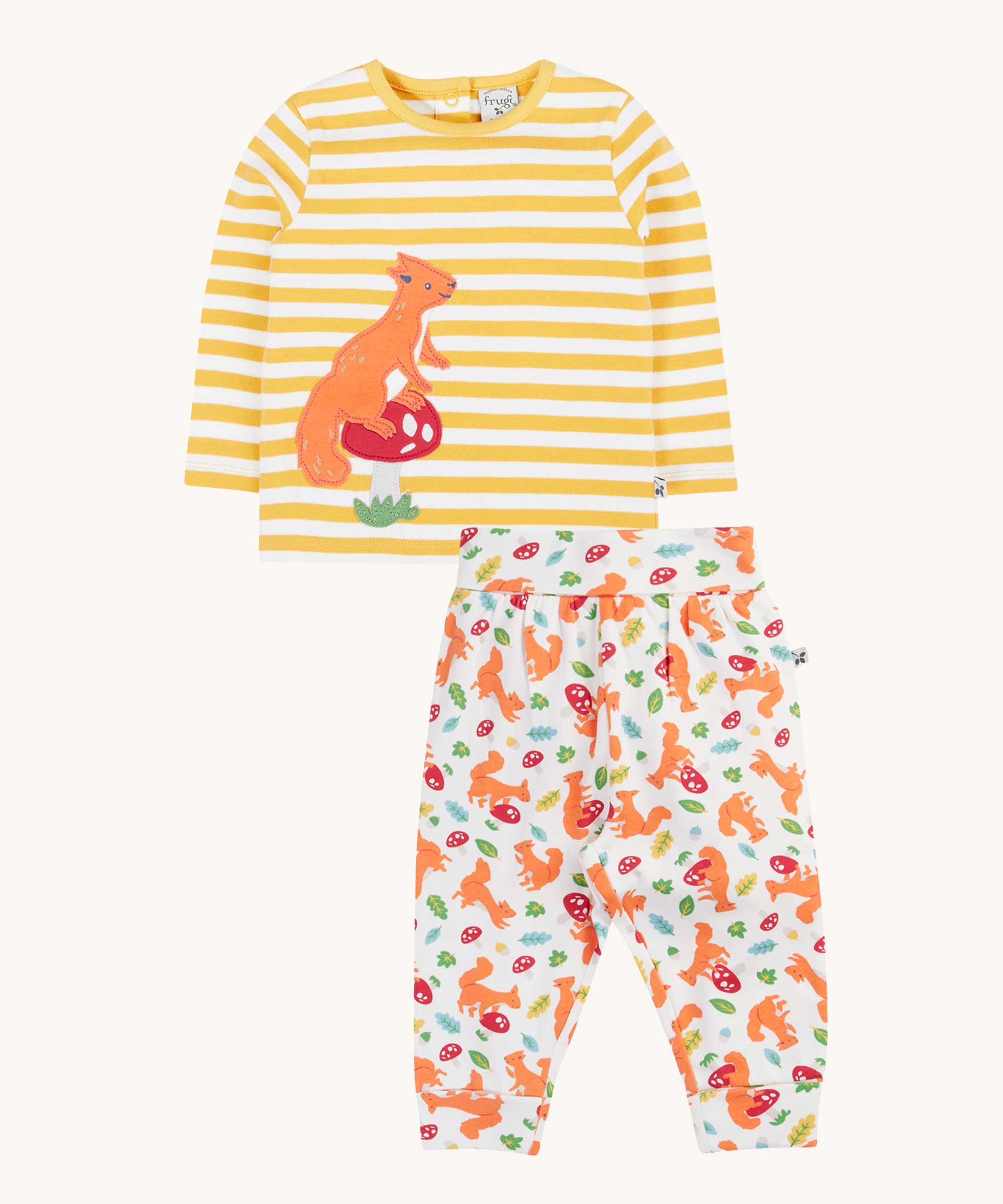 Frugi Frankie Outfit with a bumblebee yellow stripe and squirrel friends design. 