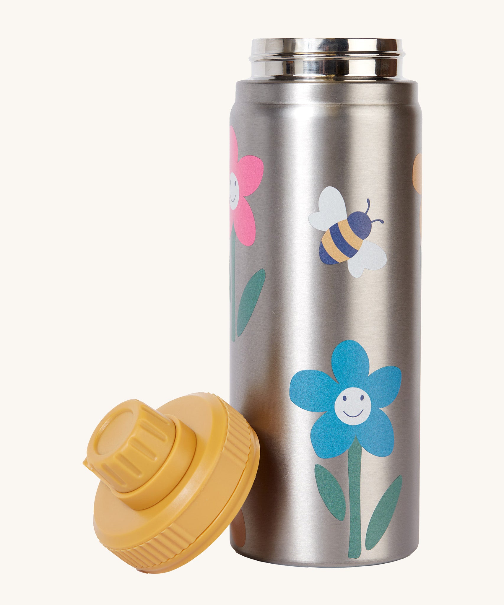 Frugi kids Insulated bottle in fun flowers. A stainless steel bottle with playful flower prints. Features a yellow cap with a loop that can be screwed on and off the bottle
