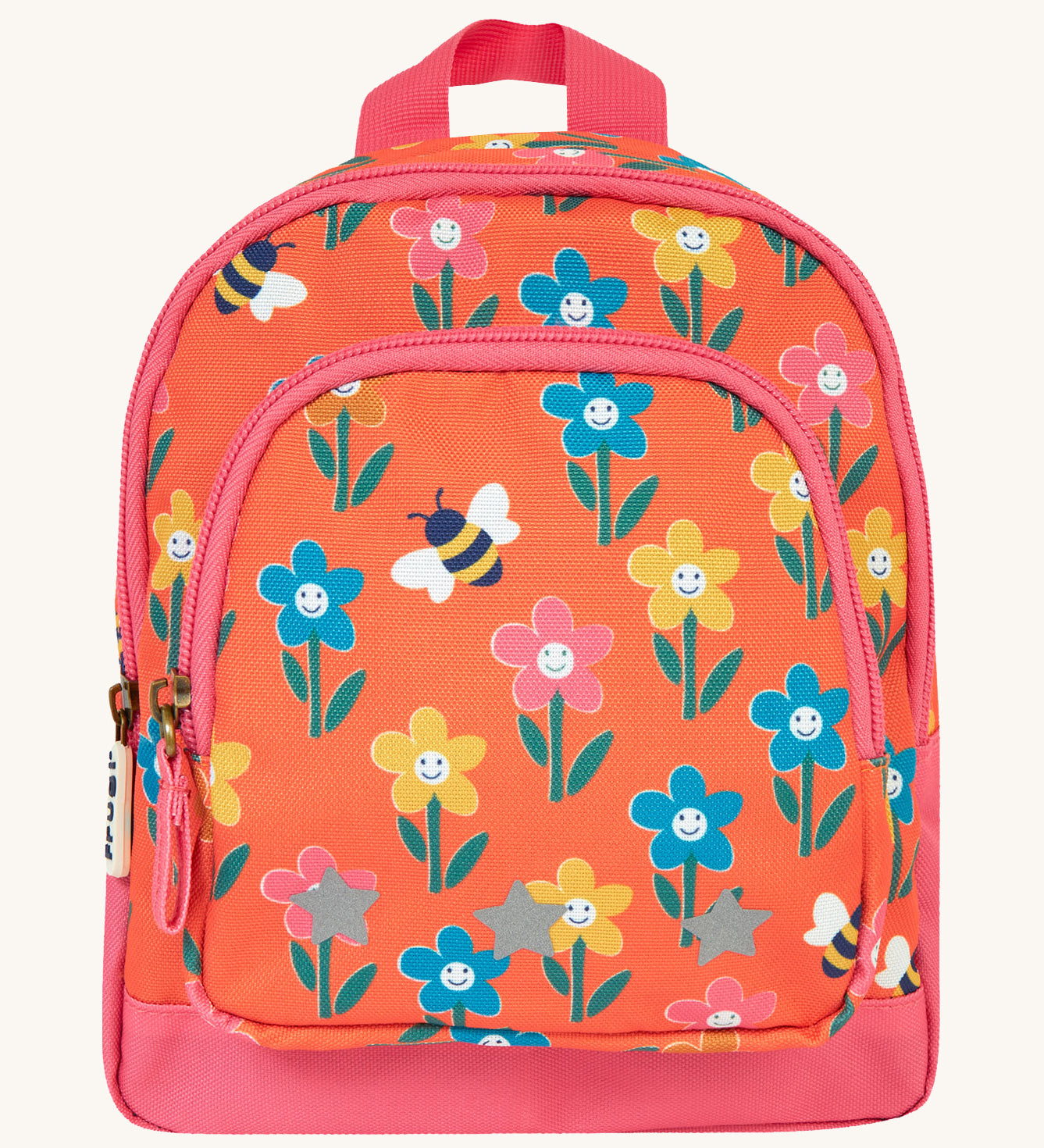 Frugi little adventures backpack in fun flowers. A small orange backpack with pink trim and multiple prints of playful flowers. Features 2 compartments and reflective stars