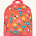 Frugi little adventures backpack in fun flowers. A small orange backpack with pink trim and multiple prints of playful flowers. Features 2 compartments and reflective stars
