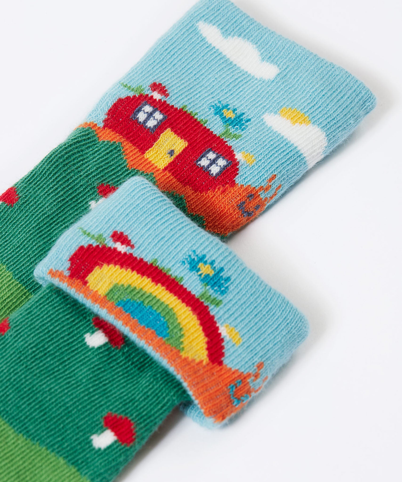 Frugi fun fold over kids organic cotton socks 2 pack with woodland pals designs.