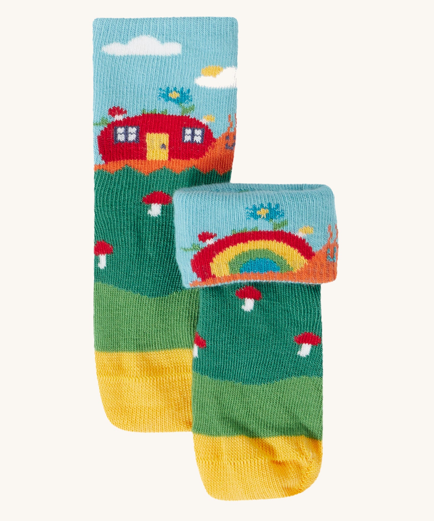 Frugi fun fold over kids organic cotton socks 2 pack with woodland pals designs.