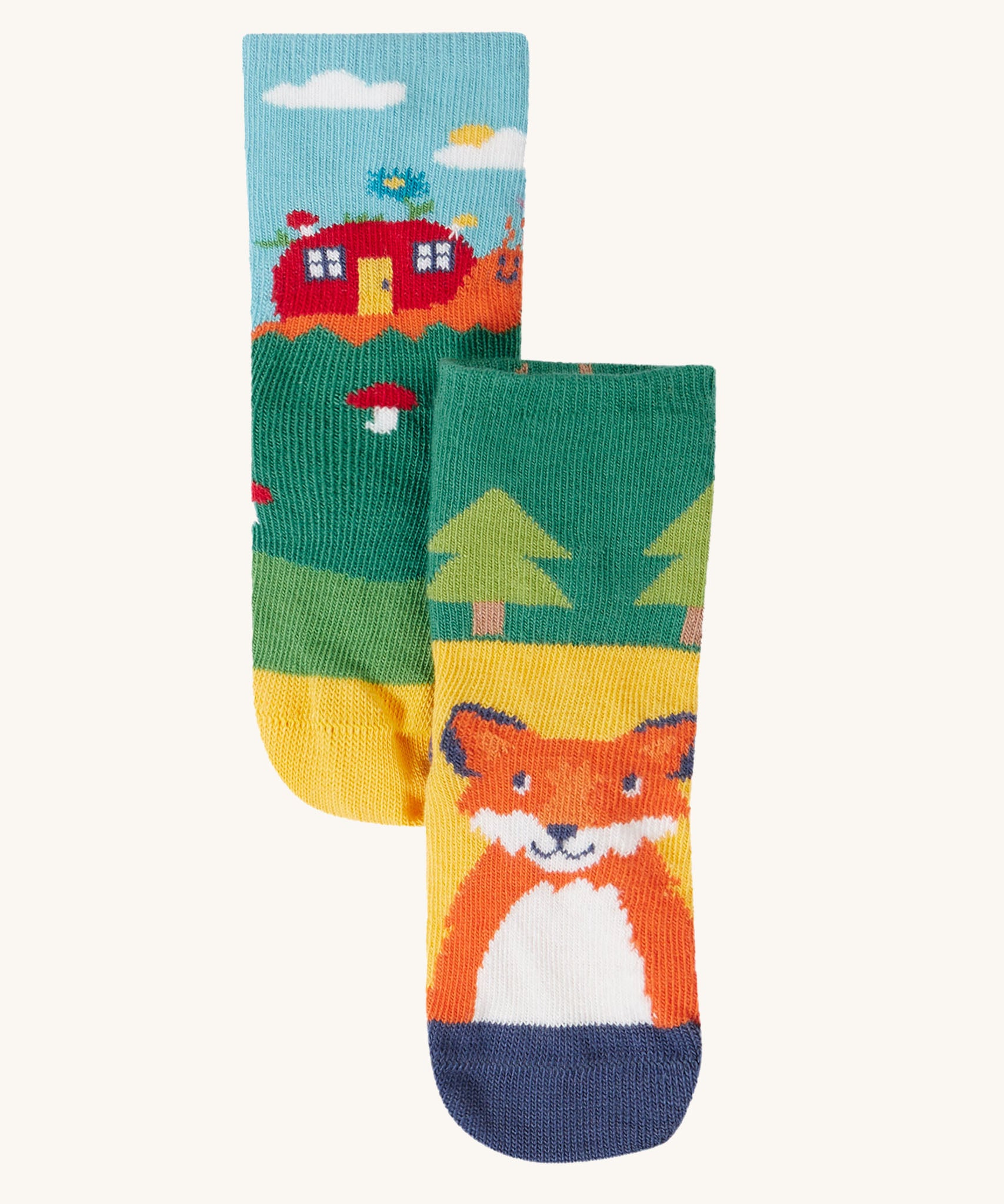 Frugi fun fold over kids organic cotton socks 2 pack with woodland pals designs. Fox and snail house designs.