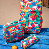 Frugi trail blazing kids backpack, matching lunch bag and pencil case in the colourful fun frenzy pattern.