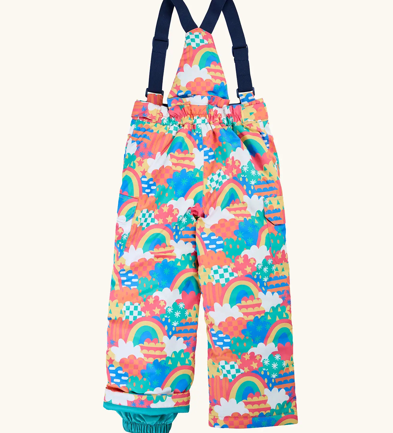 The back of the Frugi kids snow and ski salopettes in fun frenzy. showing the elasticated waist band and shoulder straps on recycled polyester fabric