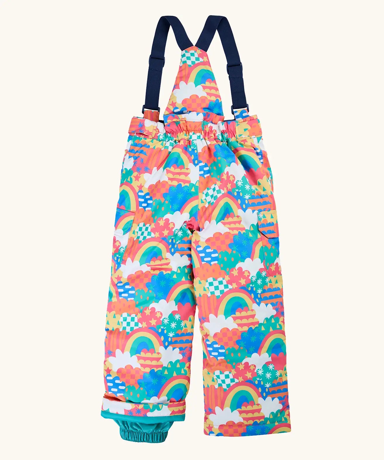 The back of the Frugi kids snow and ski salopettes in fun frenzy. showing the elasticated waist band and shoulder straps on recycled polyester fabric