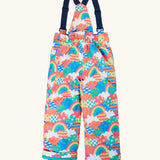 The back of the Frugi kids snow and ski salopettes in fun frenzy. showing the elasticated waist band and shoulder straps on recycled polyester fabric