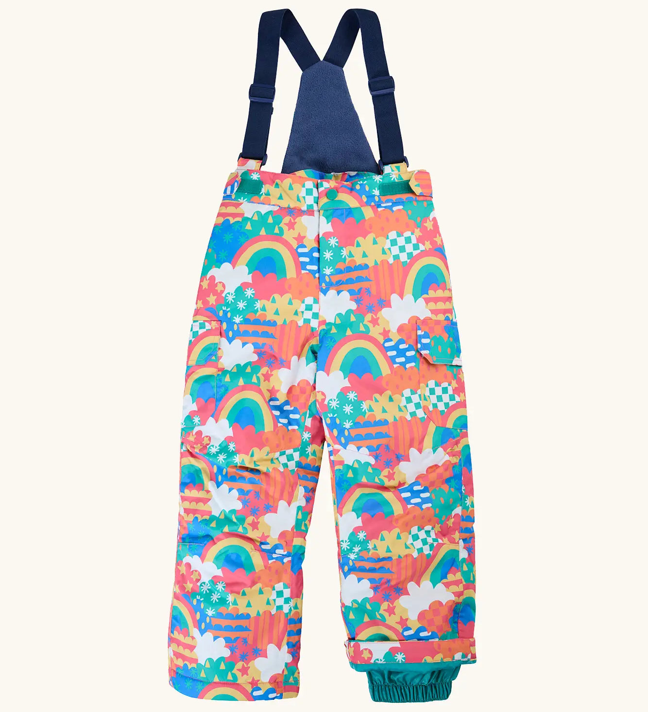 Frugi kids snow and ski salopettes fun frenzy showing a repeating rainbow and  pastel pattern design. Features removable straps and green legs cuffs
