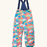 Frugi kids snow and ski salopettes fun frenzy showing a repeating rainbow and  pastel pattern design. Features removable straps and green legs cuffs