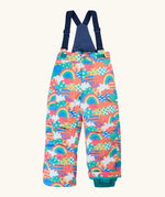 Frugi kids snow and ski salopettes fun frenzy showing a repeating rainbow and  pastel pattern design. Features removable straps and green legs cuffs