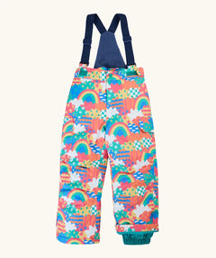 Frugi kids snow and ski salopettes fun frenzy showing a repeating rainbow and  pastel pattern design. Features removable straps and green legs cuffs