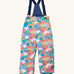 Frugi kids snow and ski salopettes fun frenzy showing a repeating rainbow and  pastel pattern design. Features removable straps and green legs cuffs