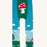 A view of the back of the Frugi organic cotton little knitted leggings with a fun guys red mushroom and farm design.