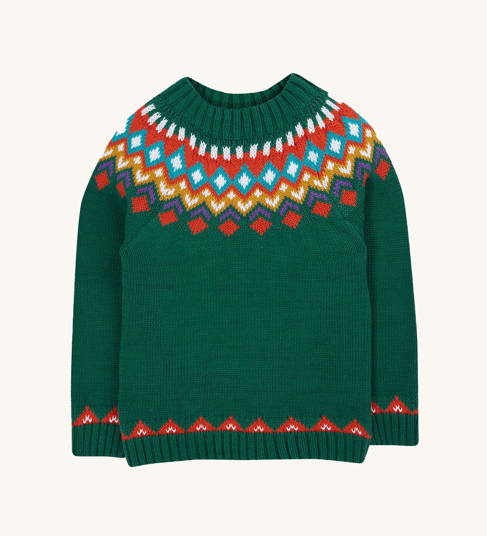 Frugi Fyfe Green Fair Isle Knitted Festive Jumper. The green kids jumper has a colourful Fair Isle pattern across the neck and chest and a border details on the bottom hem and sleeves. This Fair Isle jumper is a part of a wide range of organic cotton clothing for children available here at Babipur. 
