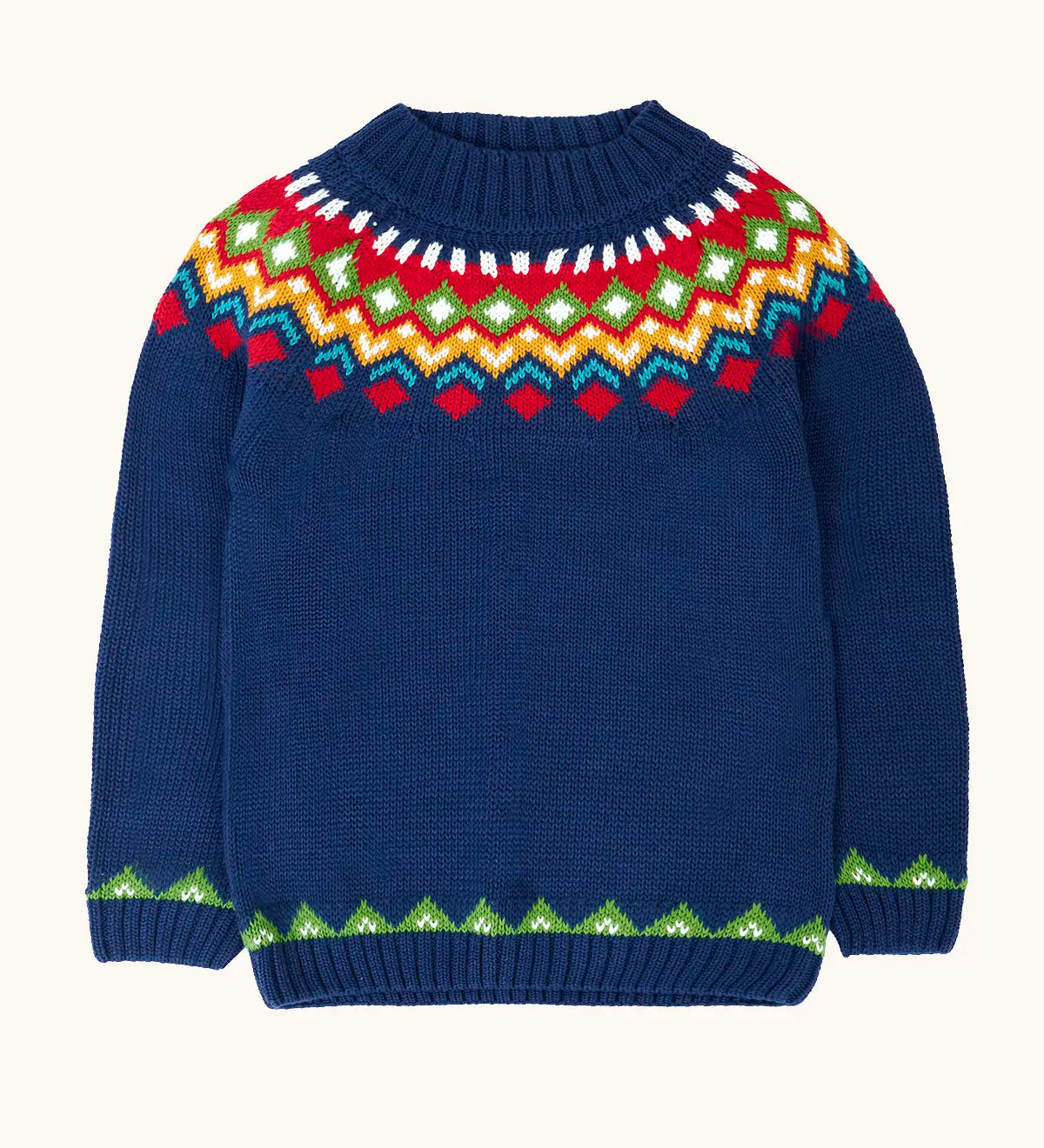 Frugi fyfe knitted jumper in navy fair isle organic cotton.