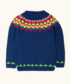 Frugi fyfe knitted jumper in navy fair isle organic cotton.