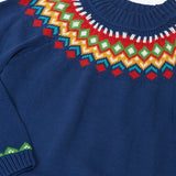Close up of the Frugi fyfe knitted jumper in navy fair isle organic cotton. 