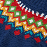 Close up of the fair isle details along the neckline of the Frugi fyfe knitted jumper in navy.