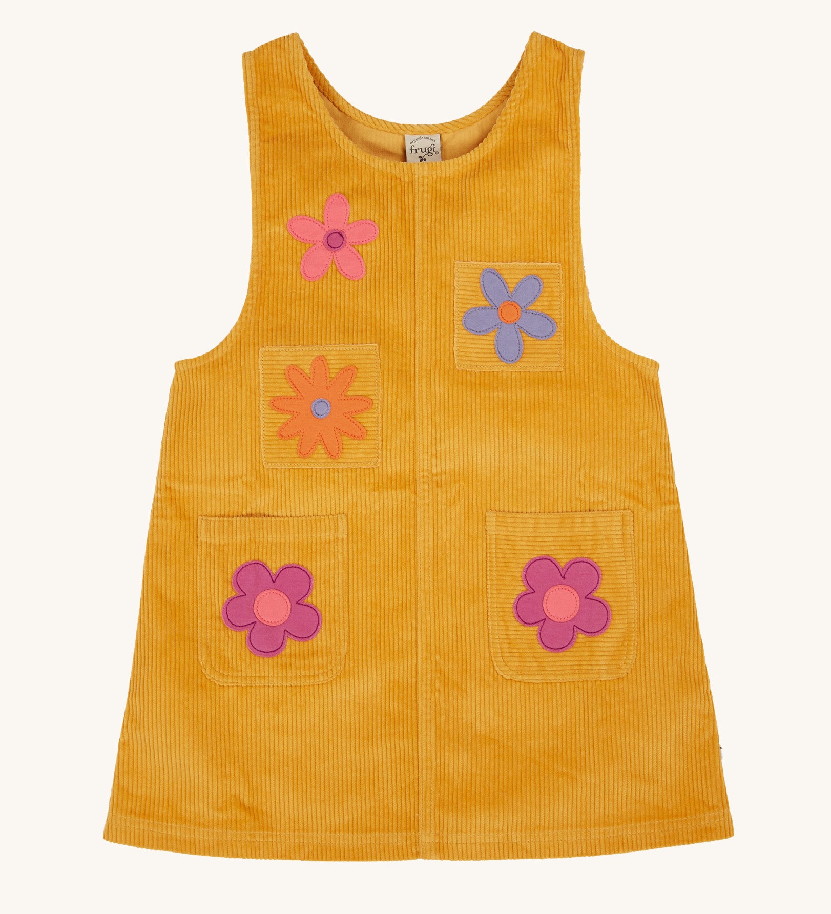 Frugi organic cotton Ginny yellow gold Corduroy Pinafore Dress with Flowers. This dress is a part of a wide range of organic cotton clothing for children available here at Babipur. 

