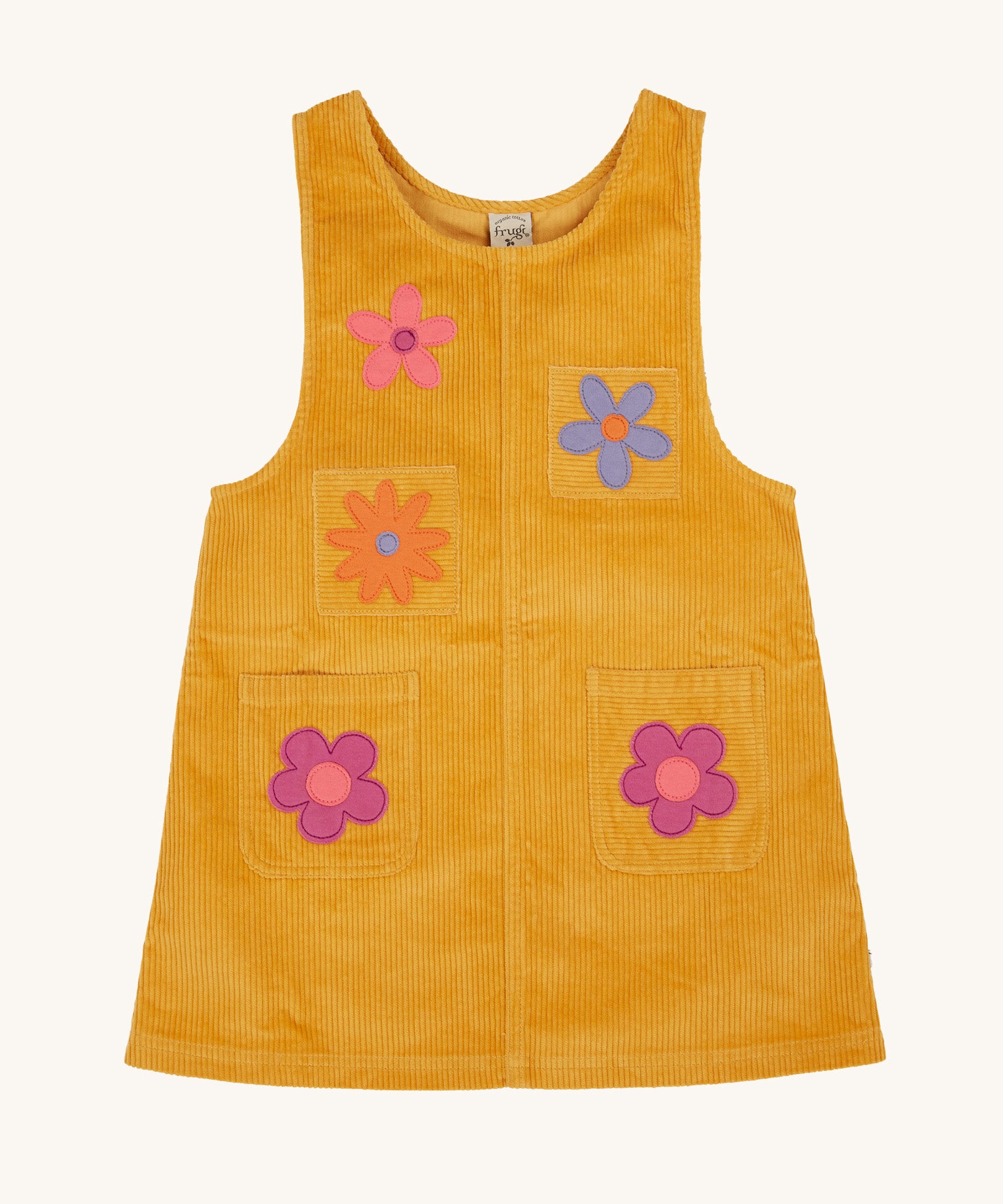 Frugi organic cotton Ginny yellow gold Corduroy Pinafore Dress with Flowers. This dress is a part of a wide range of organic cotton clothing for children available here at Babipur. 

