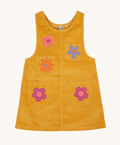 Frugi organic cotton Ginny yellow gold Corduroy Pinafore Dress with Flowers. This dress is a part of a wide range of organic cotton clothing for children available here at Babipur. 
