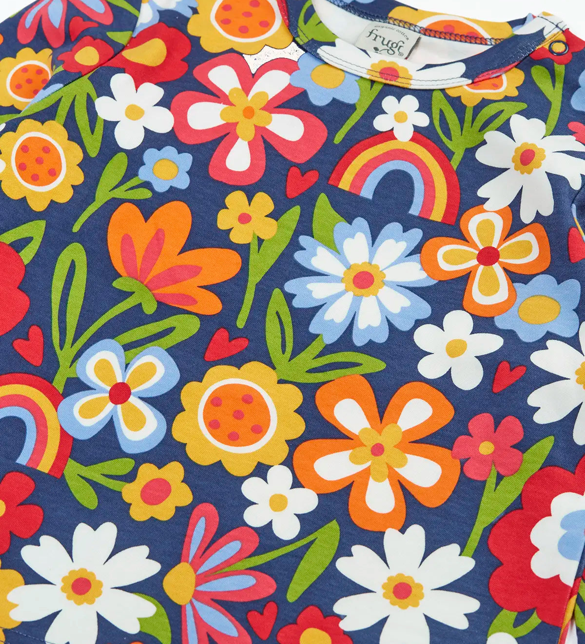Close up of the colourful flower print on the Frugi goldie long sleeve organic cotton top in navy.