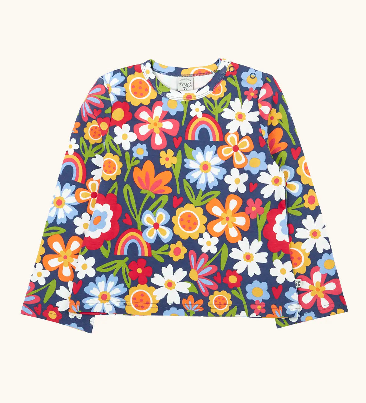 Frugi goldie long sleeve organic cotton top in navy with an all over beautiful bunch flowers print.