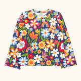 Frugi goldie long sleeve organic cotton top in navy with an all over beautiful bunch flowers print.