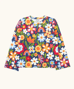 Frugi goldie long sleeve organic cotton top in navy with an all over beautiful bunch flowers print.