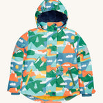 Frugi Children's Snow & Ski Coat - Alpine Adventures, showing the bold and colourful Alpine mountain print, and warm inner fleece in navy