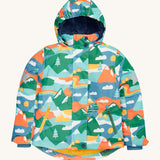 Frugi Children's Snow & Ski Coat - Alpine Adventures, showing the bold and colourful Alpine mountain print, and warm inner fleece in navy