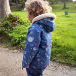  showing the fleece lining on the Frugi Little Penhale Parka - Dream Big/Navy