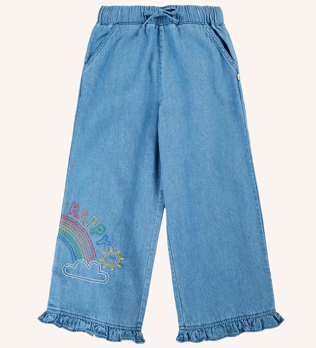 Frugi grace elasticated waist denim trousers with rainbow embroidery design and ruffle hem cuffs.