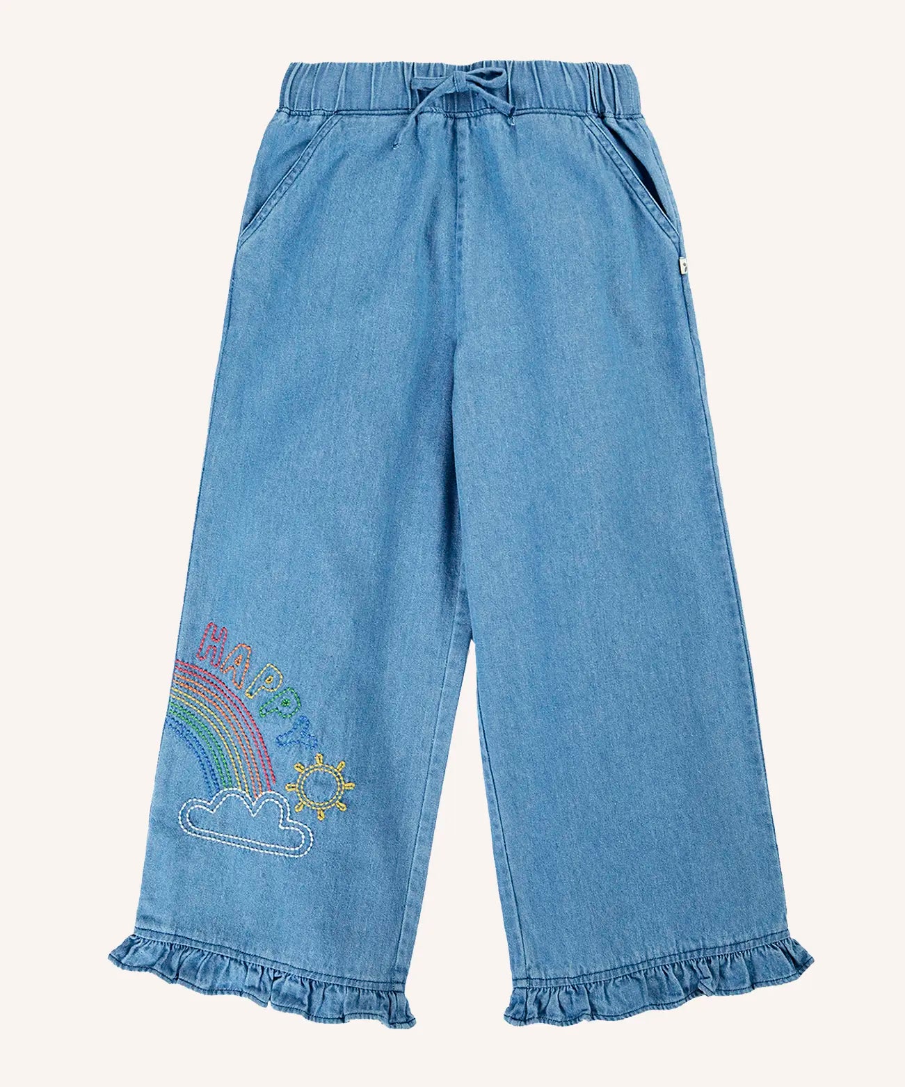 Frugi grace elasticated waist denim trousers with rainbow embroidery design and ruffle hem cuffs.