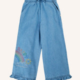 Frugi grace elasticated waist denim trousers with rainbow embroidery design and ruffle hem cuffs.