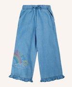 Frugi grace elasticated waist denim trousers with rainbow embroidery design and ruffle hem cuffs.