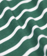 A close up of the soft organic cotton of the Frugi easy on long sleeved top holly green breton stripe with fox applique.