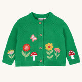 Frugi colby clover green coloured knitted organic cotton cardigan with flower, butterfly and mushroom appliques on the front.