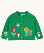 Frugi colby clover green coloured knitted organic cotton cardigan with flower, butterfly and mushroom appliques on the front.