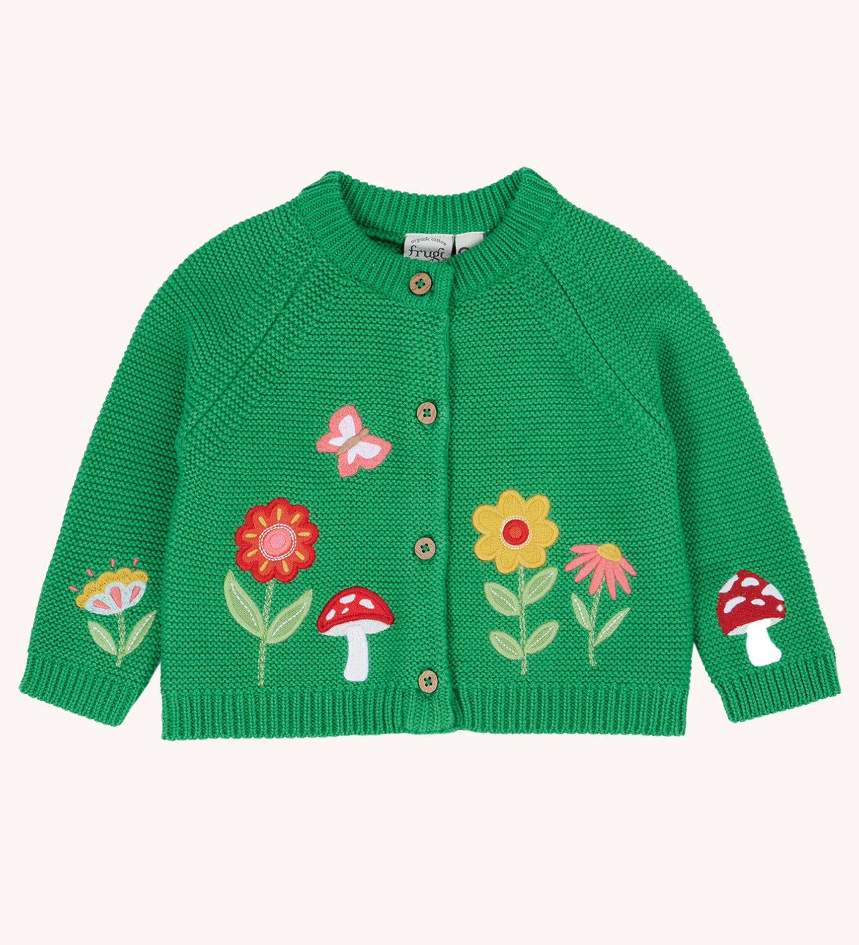 Frugi colby clover green coloured knitted organic cotton cardigan with flower, butterfly and mushroom appliques on the front.